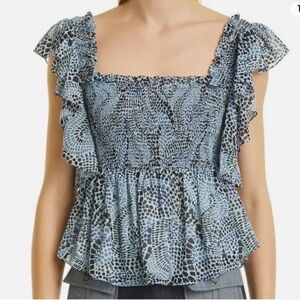 Cinq A Sept Top Smocked Ruffle Blue Print Anabelis Rain Cloud
Cropped Si…